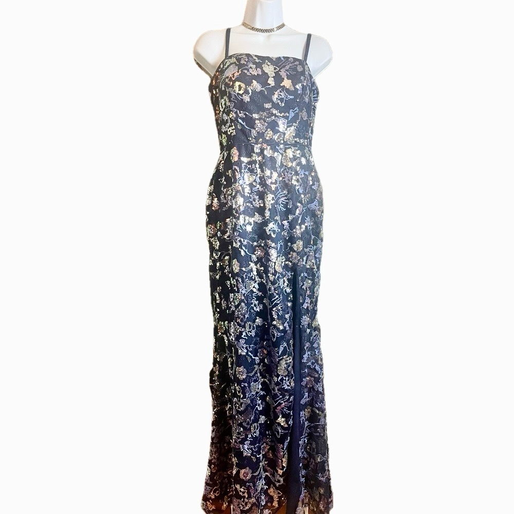 CITY STUDIO PROM Blue Sequin Embellished Sheath Full Length Dress side slit. EUC - Picture 3 of 11